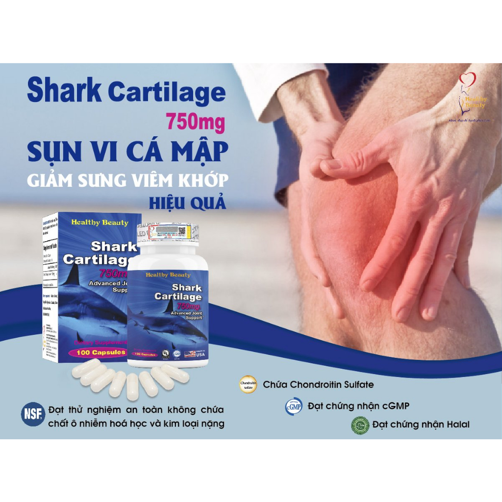 HB Shark Cartilage 750mg Healthy beauty sụn vi cá mập Mỹ hỗ trợ bổ xương khớp