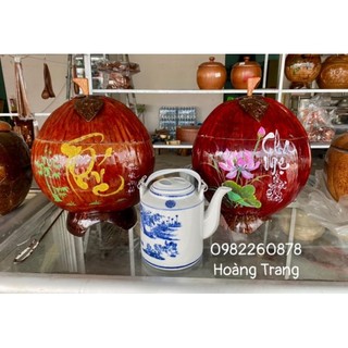 Vỏ Ủ Ấm Bình Trà Bằng Trái Dừa size 1000ml -Mẫu vẽ chữ thư pháp