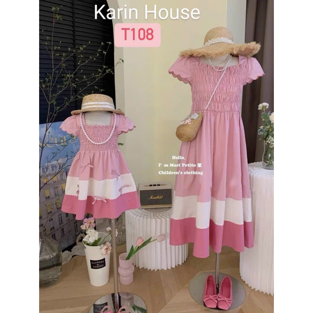 Set váy mẹ con màu hồng phấn mẫu Hàn Quốc cực kì sang chảnh cho mẹ và bé size bé 8-35kg, mẹ 40-65kg