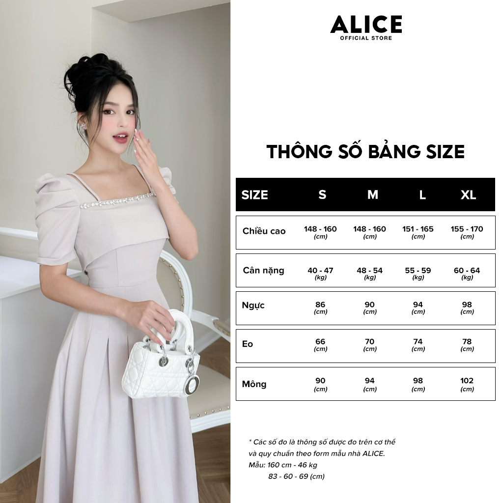 Váy Xoè Cổ Vuông ALICE Đính Đá Tay Bồng Chiết Li Eo, Chất Tuyết Mưa Cao Cấp, Phù Hợp Đi Làm Đi Chơi V943