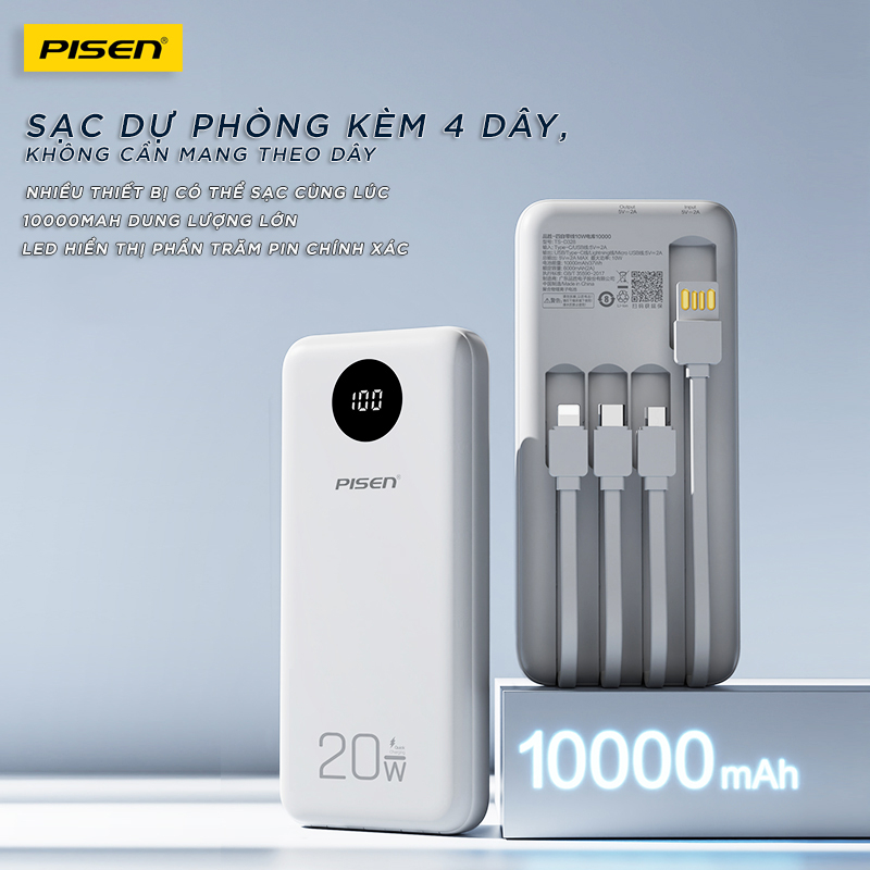 Sạc dự phòng PISEN QUICK PowerFo 10000mAh (Led), sạc nhanh 20W, kèm cáp C/L/Micro . Model : TS-D329. White - BH 24 tháng