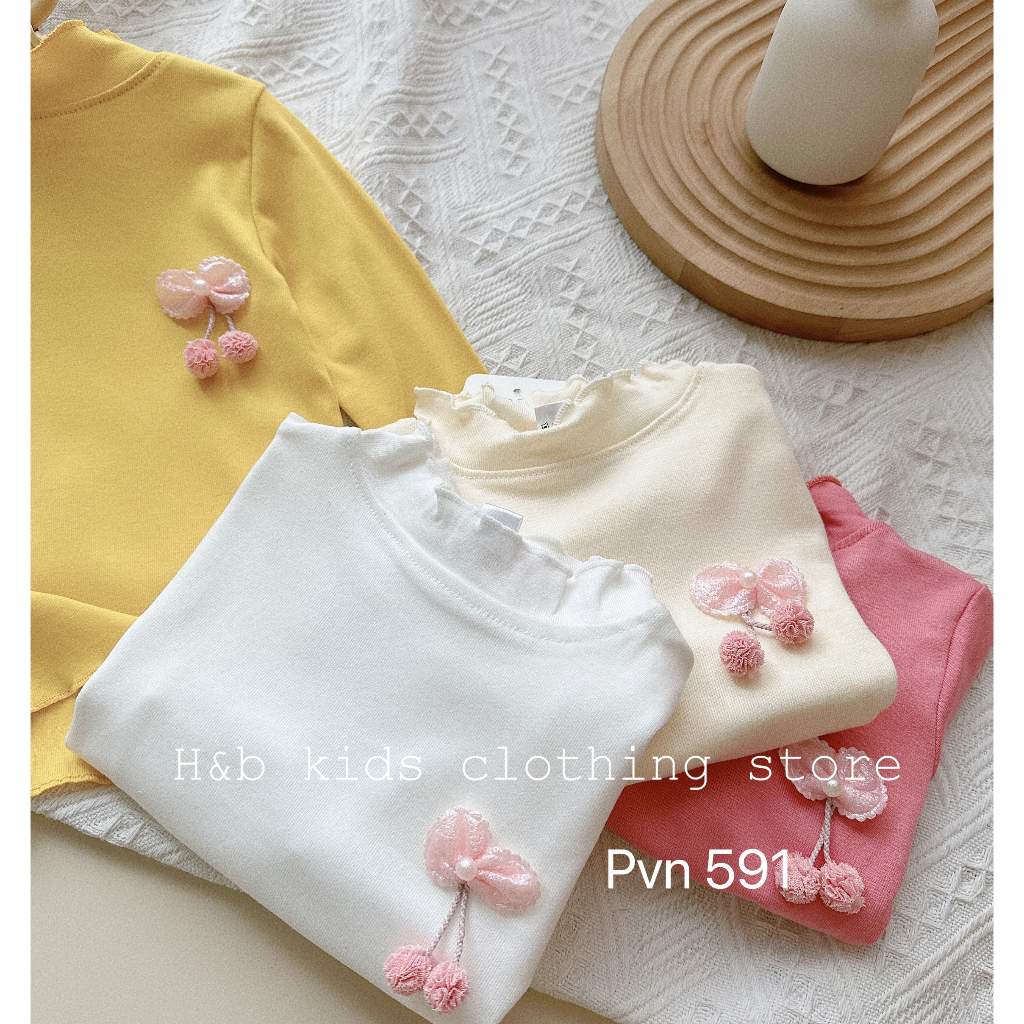 Áo giữ nhiệt cho bé gái , áo thu đông dài tay cotton hàn cổ 3 phân đính nơ cho bé gái