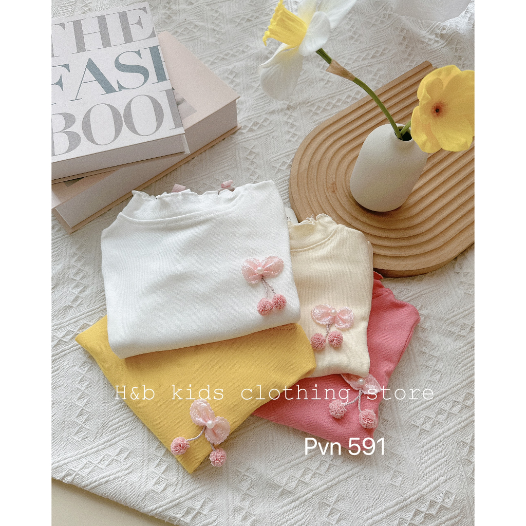 Áo giữ nhiệt cho bé gái , áo thu đông dài tay cotton hàn cổ 3 phân đính nơ cho bé gái