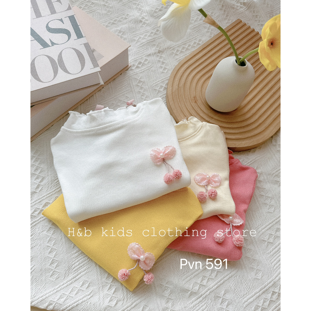 Áo giữ nhiệt cho bé gái , áo thu đông dài tay cotton hàn cổ 3 phân đính nơ cho bé gái