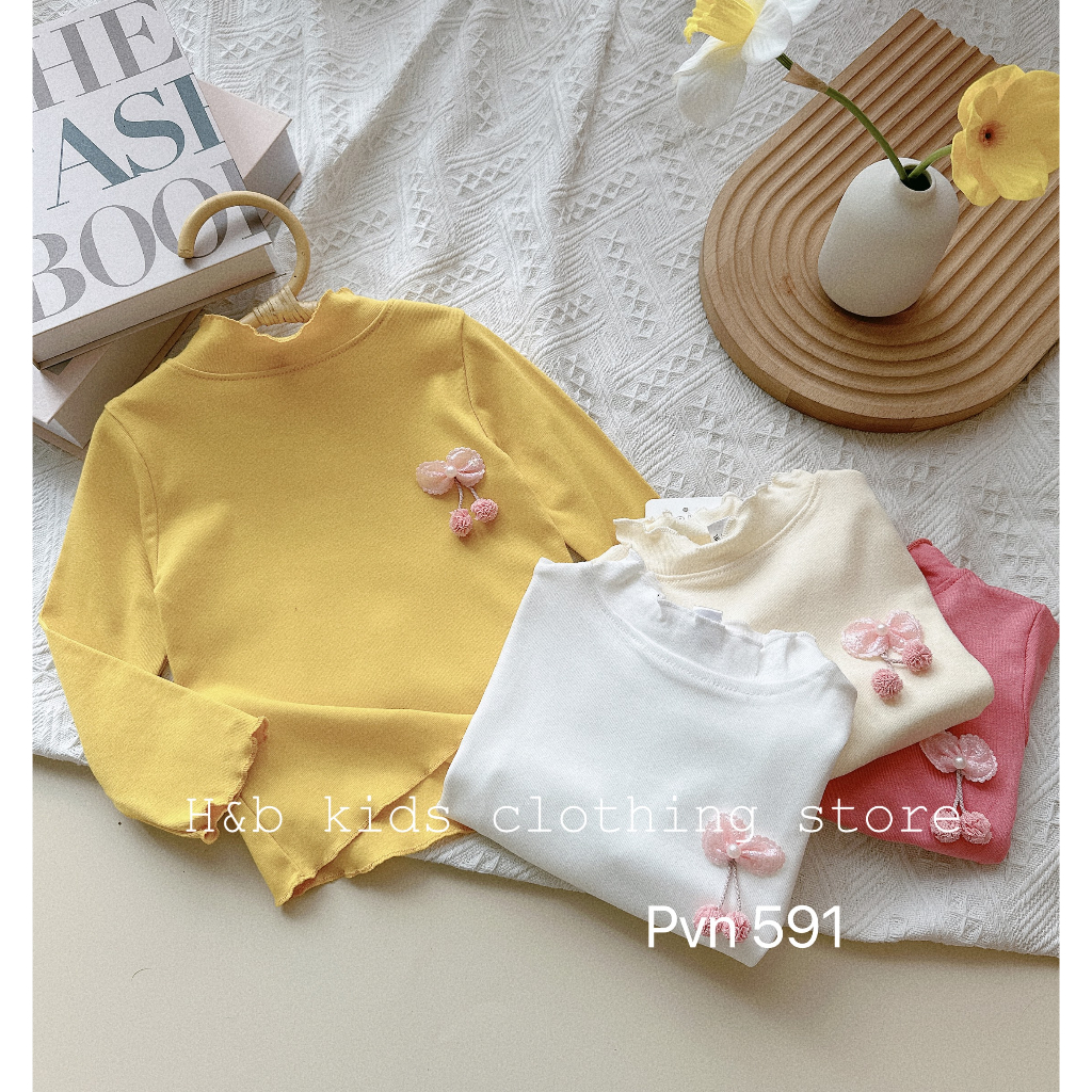 Áo giữ nhiệt cho bé gái , áo thu đông dài tay cotton hàn cổ 3 phân đính nơ cho bé gái