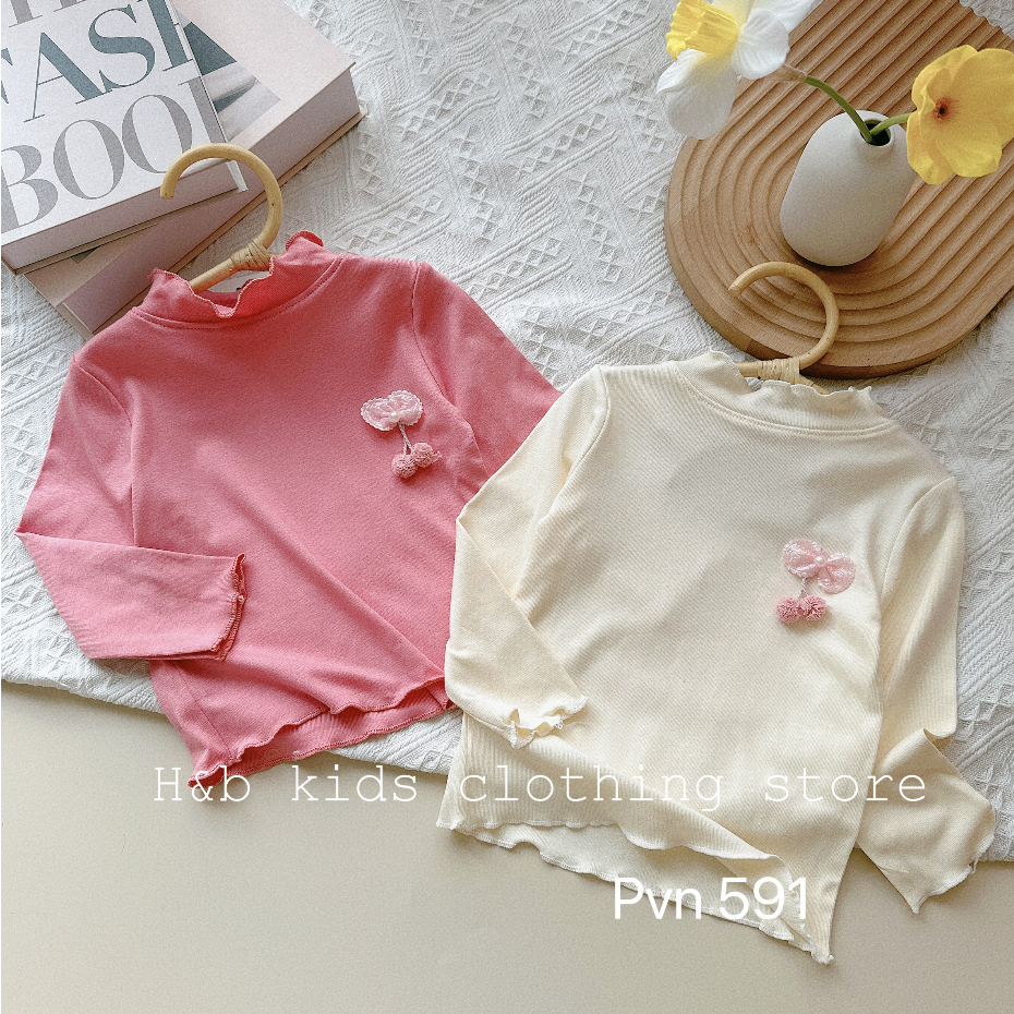 Áo giữ nhiệt cho bé gái , áo thu đông dài tay cotton hàn cổ 3 phân đính nơ cho bé gái
