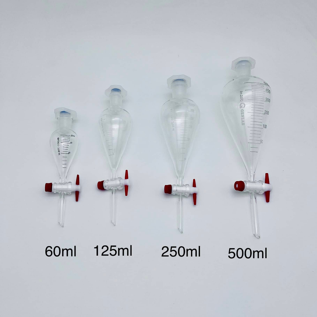 Phễu chiết quả lê khóa nhựa, có chia vạch