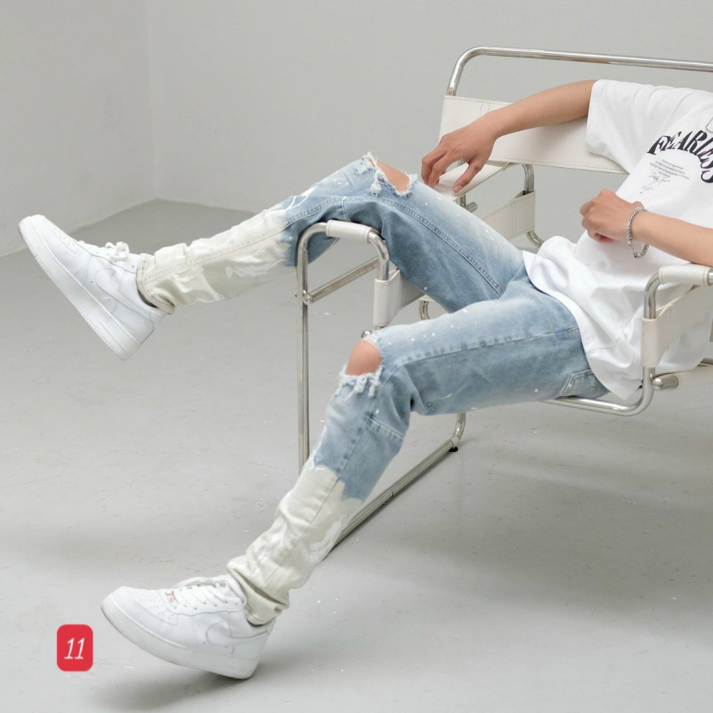 Quần jeans nam rách gối lớn 11TCS xanh loang có size đại, quần jeans nam co giãn thời trang, quần bò nam