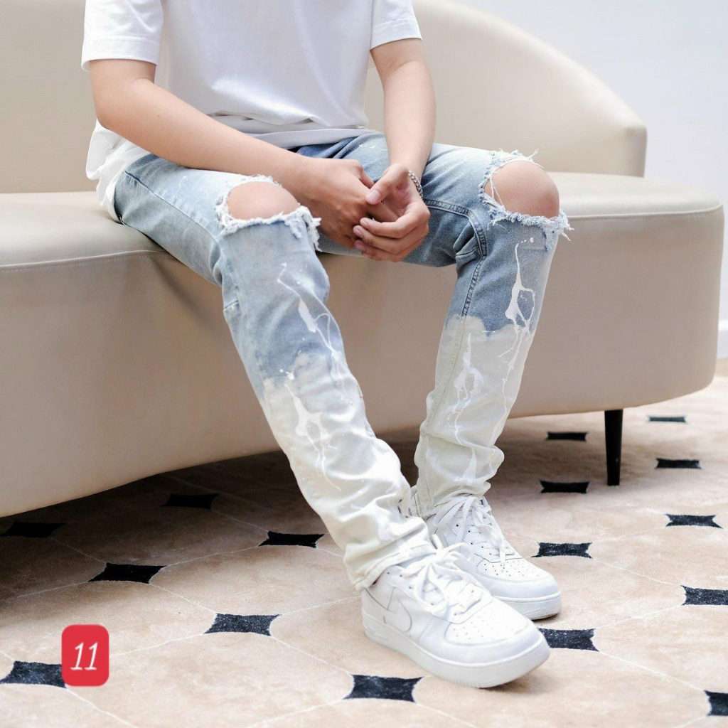 Quần jeans nam rách gối lớn 11TCS xanh loang có size đại, quần jeans nam co giãn thời trang, quần bò nam