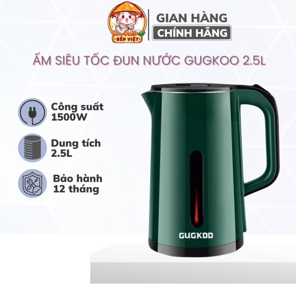 Ấm Siêu Tốc, Ấm Đun Nước Siêu Tốc GUGKOO Dung Tích 2.5L Công Suất 1500W, Tự Động Ngắt Khi Sôi, Bảo Hành 1 Tháng