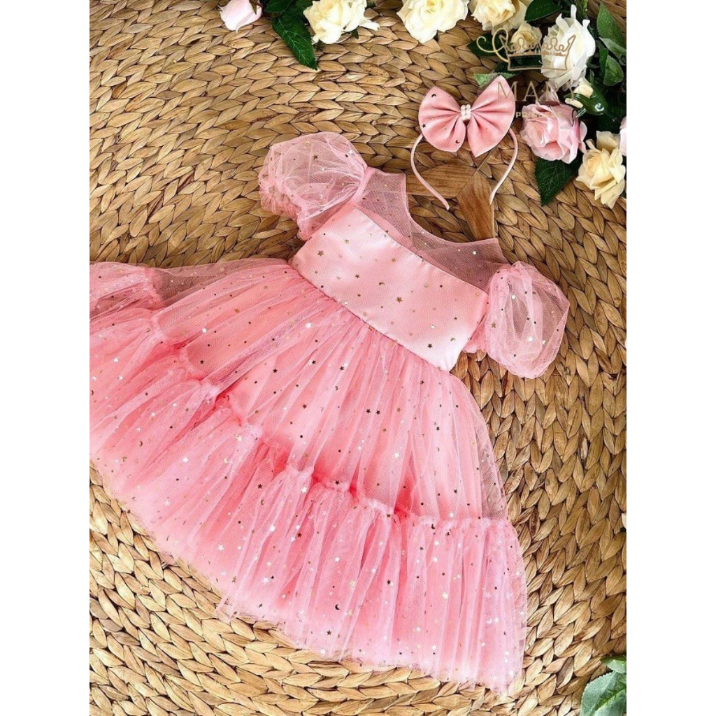 Váy công chúa đính sao tay bồng MARY PRINCESS cho bé đi tiệc, đám cưới phong cách tiểu thư xinh xắn