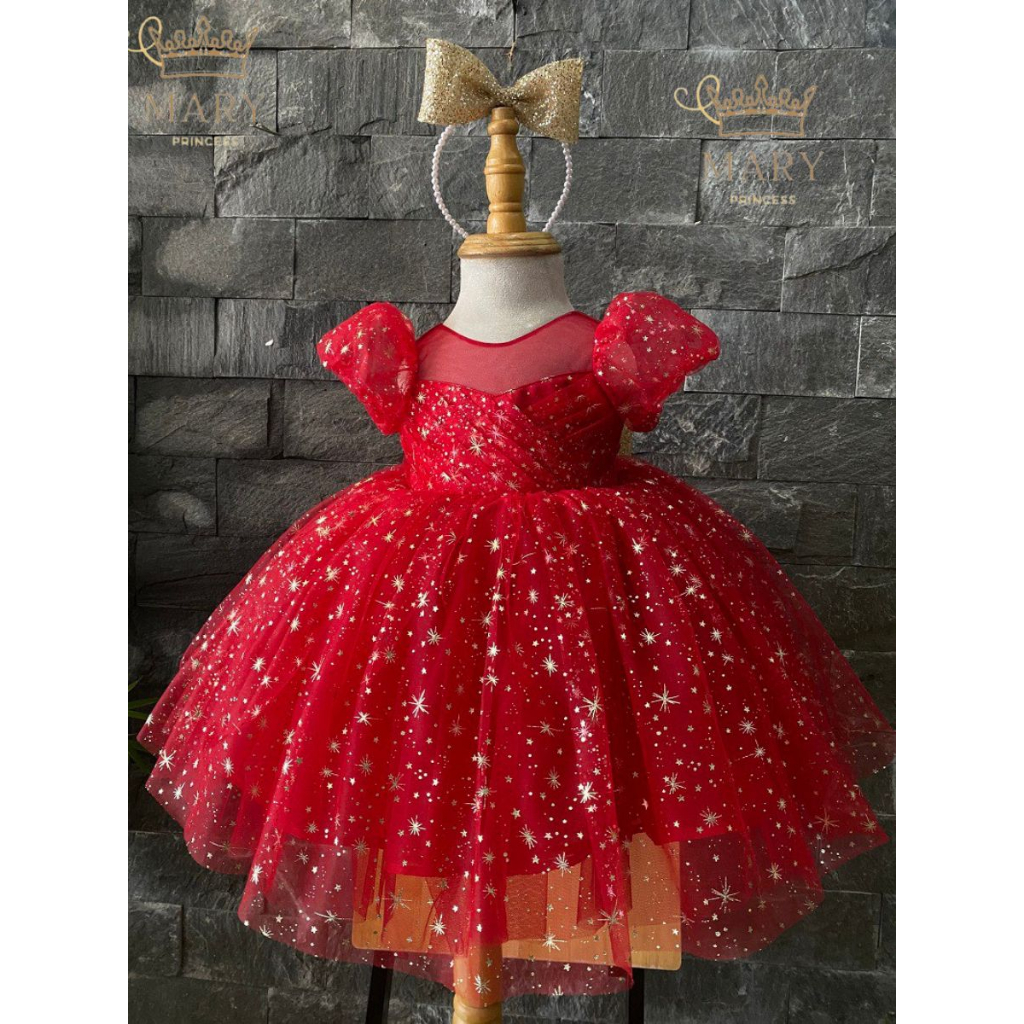 Váy công chúa bé gái, đầm công chúa màu đỏ cho bé đi tiệc sinh nhật và dịp noel, tết có kèm cài tóc MARY PRINCESS