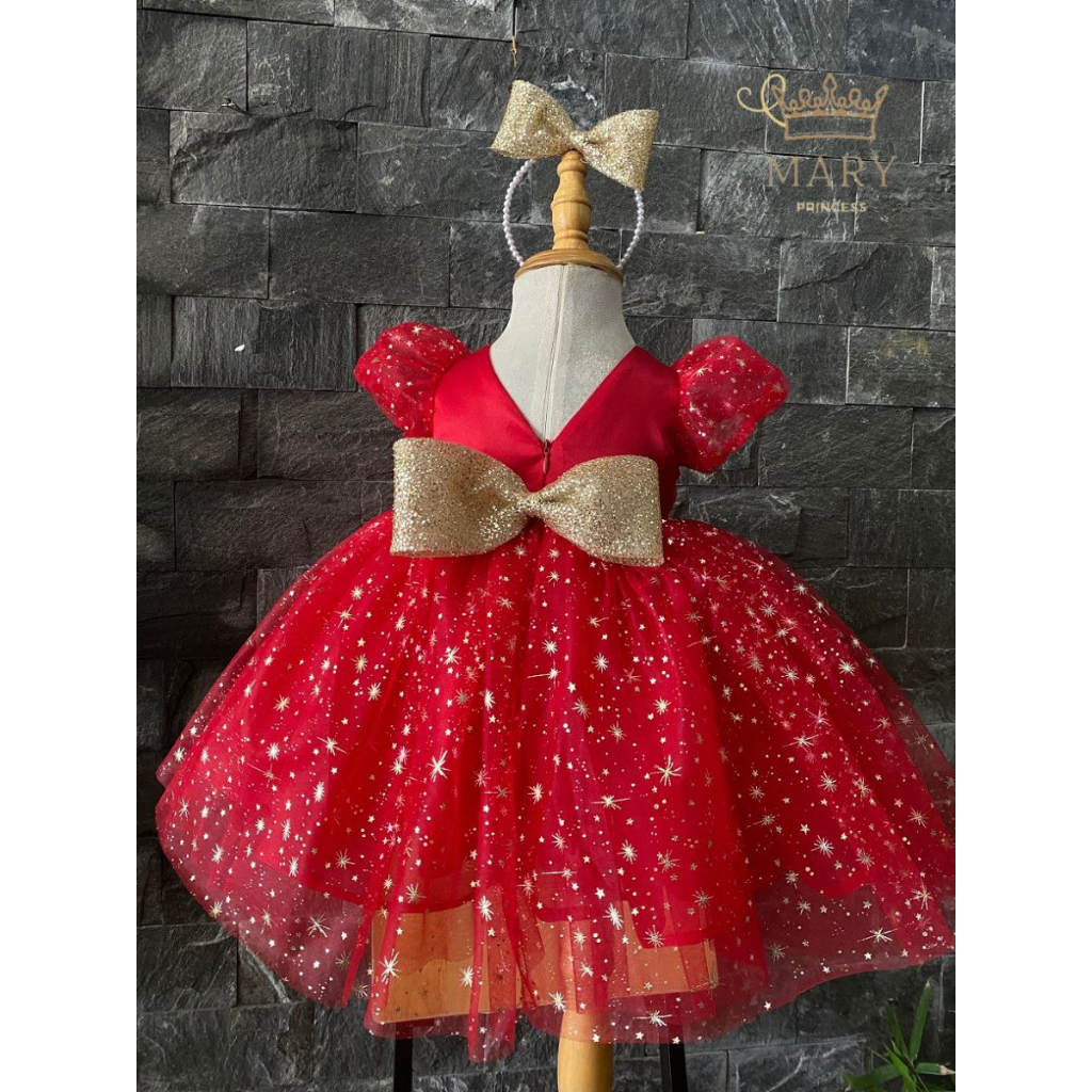 Váy công chúa bé gái, đầm công chúa màu đỏ cho bé đi tiệc sinh nhật và dịp noel, tết có kèm cài tóc MARY PRINCESS