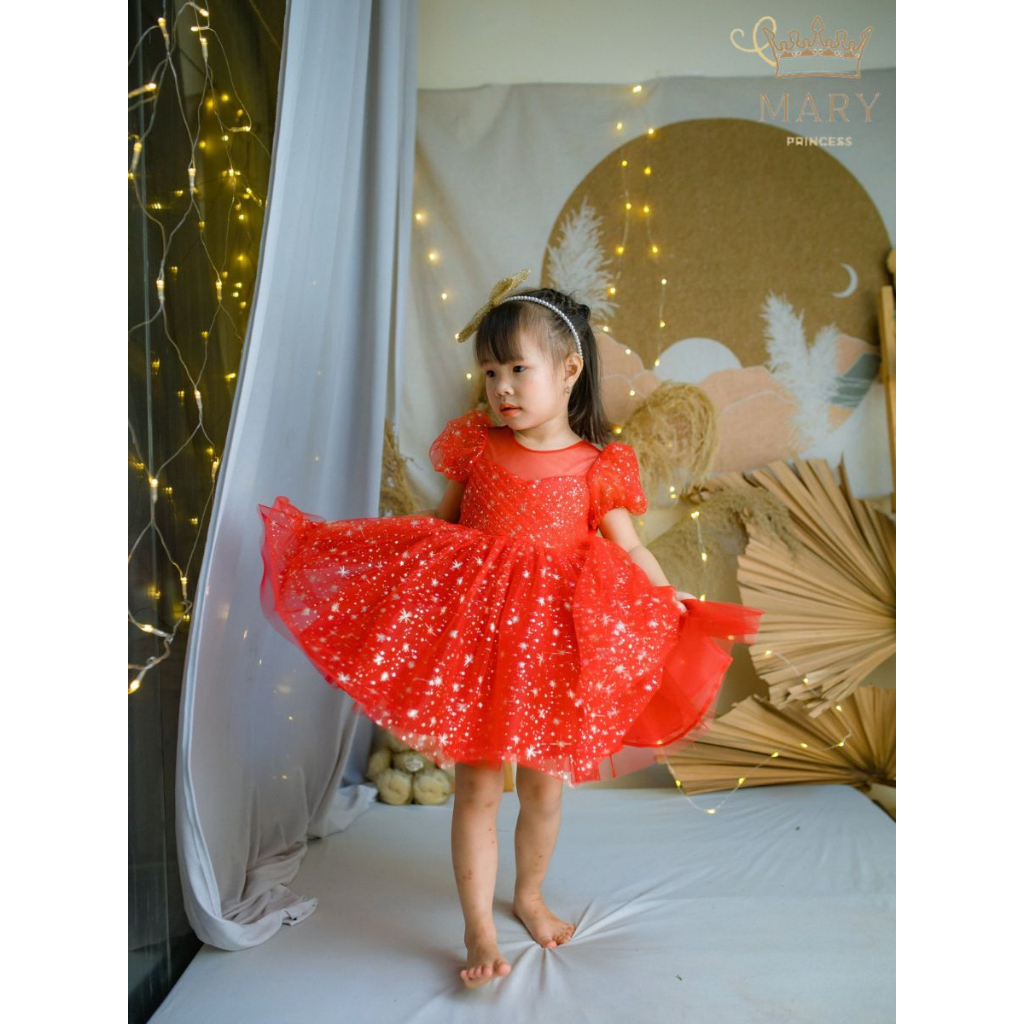 Váy công chúa bé gái, đầm công chúa màu đỏ cho bé đi tiệc sinh nhật và dịp noel, tết có kèm cài tóc MARY PRINCESS