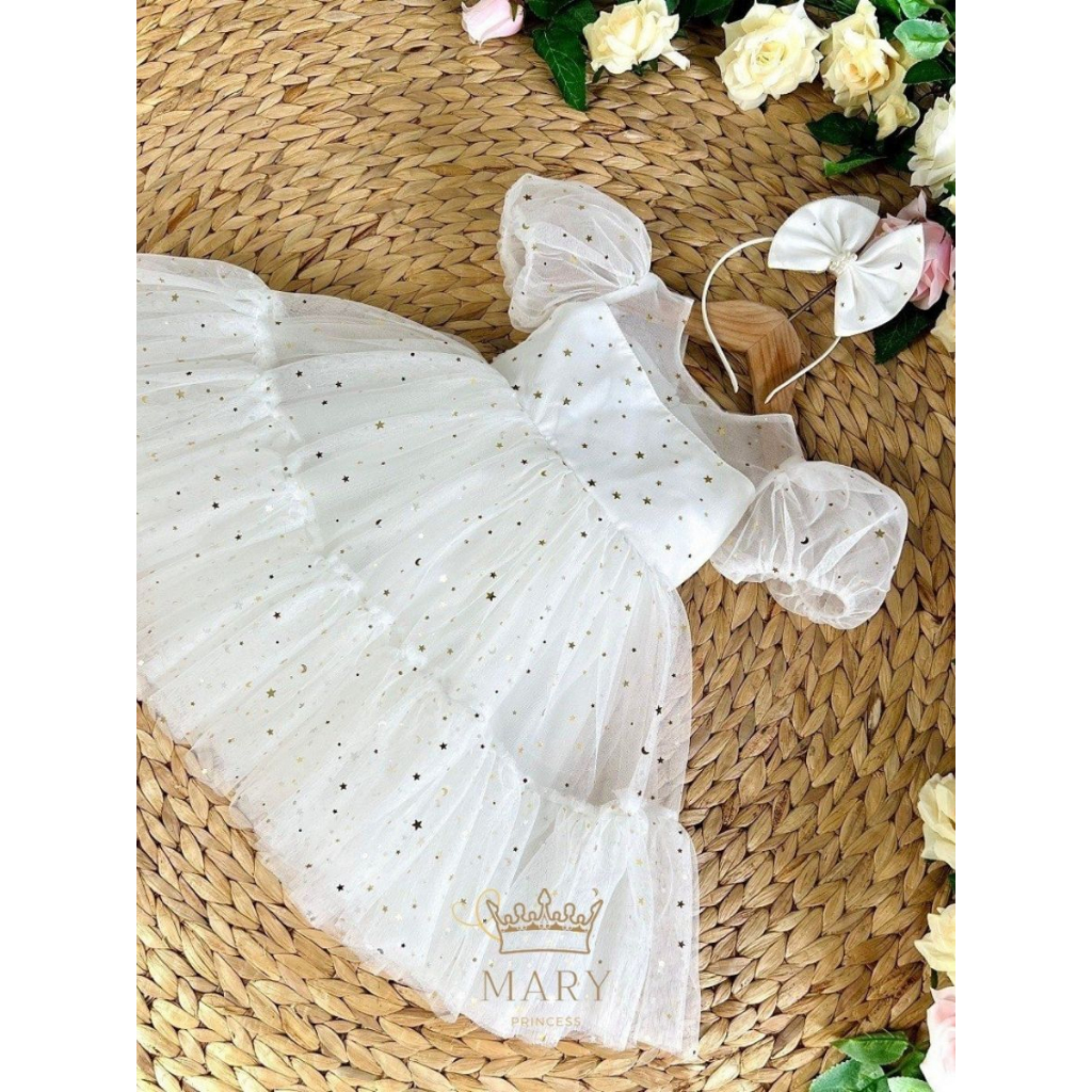 Váy công chúa đính sao tay bồng MARY PRINCESS cho bé đi tiệc, đám cưới phong cách tiểu thư xinh xắn