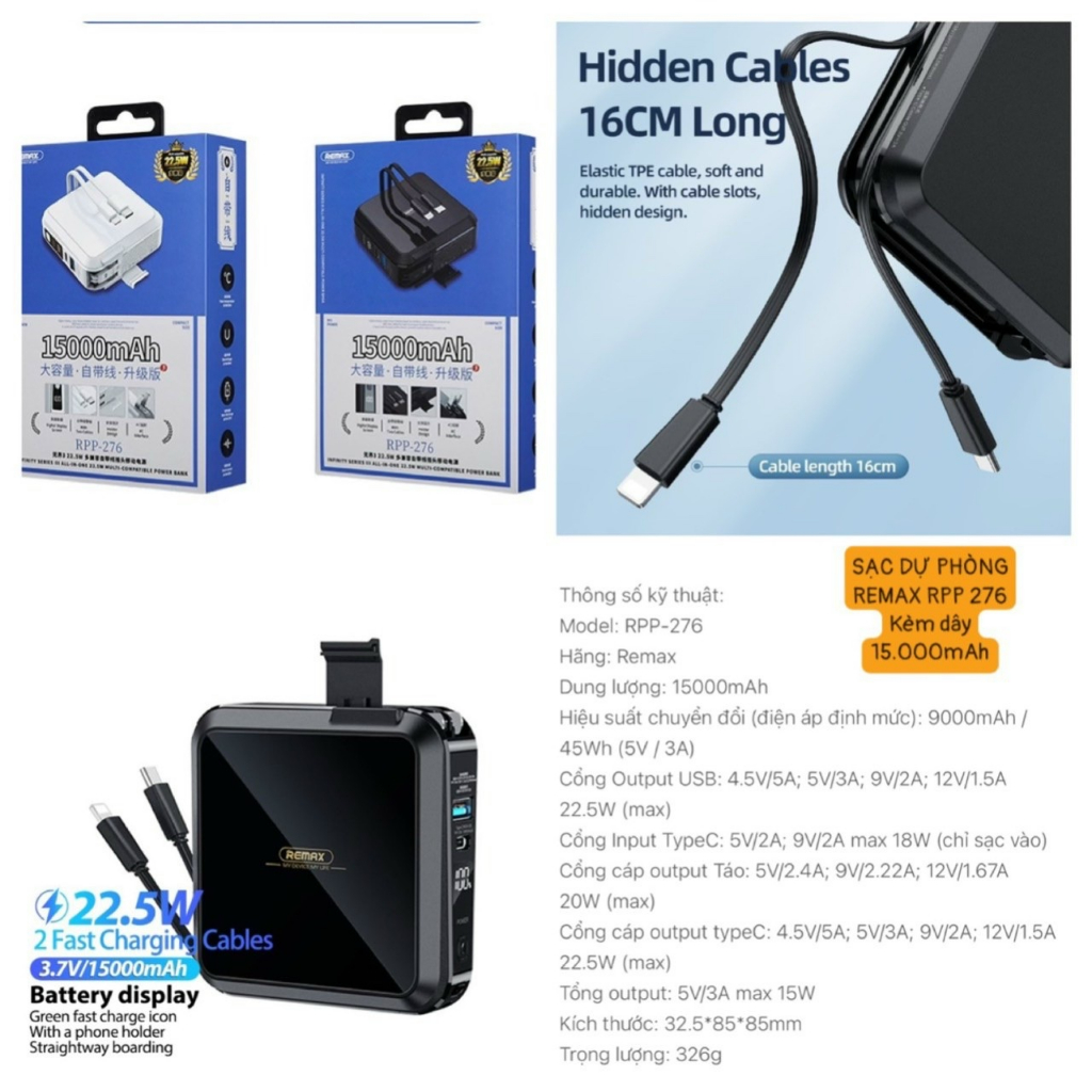 Cốc sạc kiêm pin dự phòng 18w cắm điện trực tiếp remax RPP-20(15000mah)/RPP-145 (10.000mAh)/RPP-276(