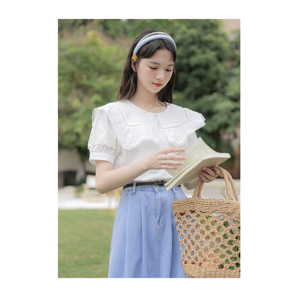 Áo Sơ Mi Trắng Cổ Ren Hàn Quốc, Sơ Mi Nữ Kiểu Trẻ trung Chất cotton phối ren