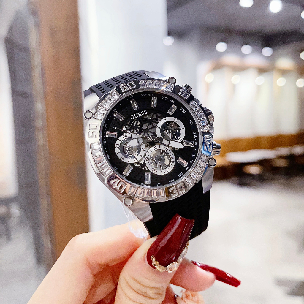 Đồng Hồ Nam Guess GW0333G1 Đính Đá - Vỏ Bạc - Dây Silicon - Size 46mm