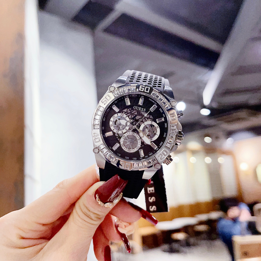 Đồng Hồ Nam Guess GW0333G1 Đính Đá - Vỏ Bạc - Dây Silicon - Size 46mm