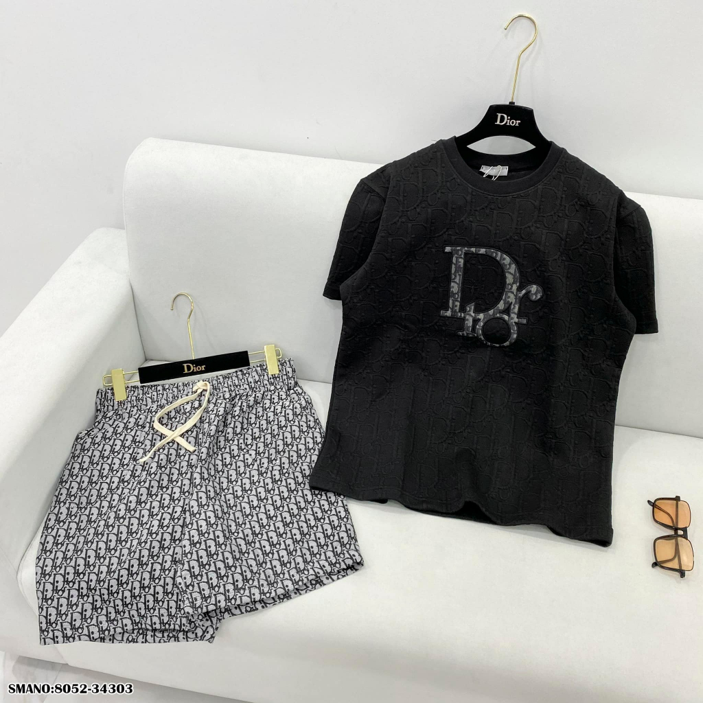 Bộ Áo Thun Cotton chữ thêu + Quần Sooc vân nổi Thoải Mái Thời Trang Mùa Hè