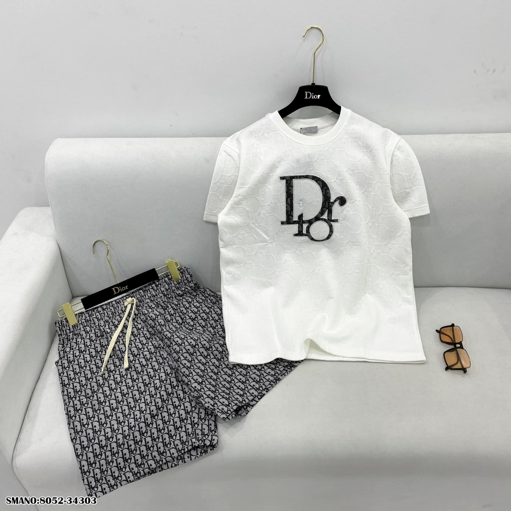 Bộ Áo Thun Cotton chữ thêu + Quần Sooc vân nổi Thoải Mái Thời Trang Mùa Hè