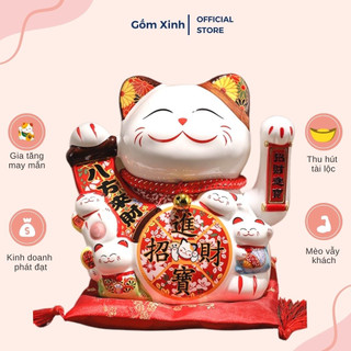 Mèo Thần Tài May Mắn Vẫy Tay Chiêu Tài Lộc Gốm Sứ Cao Cấp 20cm