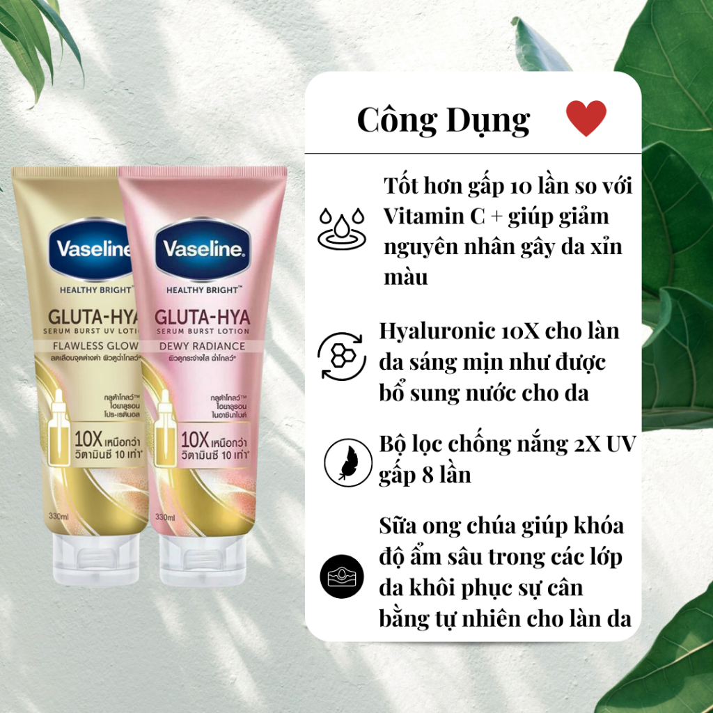 DƯỠNG THỂ TRẮNG DA VASELINE HEALTHY BRIGHT GLUTA-HYA BAN NGÀY - BAN ĐÊM