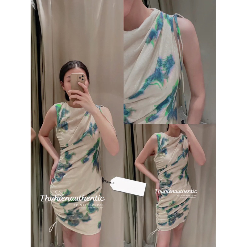 Váy sát nách vải linen hoạ tiết pha màu xanh lá mã code: 2896/303/712 ZARA chính hãng(kèm ảnh thật)