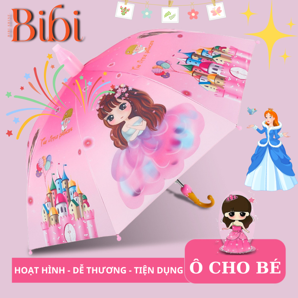 Ô dù cho bé hoạt hình dễ thương chống nắng mưa, khung thép chắc chắn. Ô trẻ em thiết kế (công chúa, ô tô, khủng long...)
