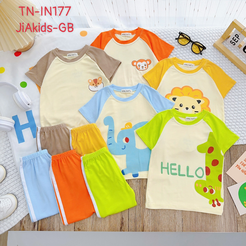 Bộ Cộc Tay Quần Dài THUN LẠNH MINKY MOM In Hình Động Vật Dễ Thương Áo Giáp Lăng Vàng Lợt Cho Bé TN-IN177