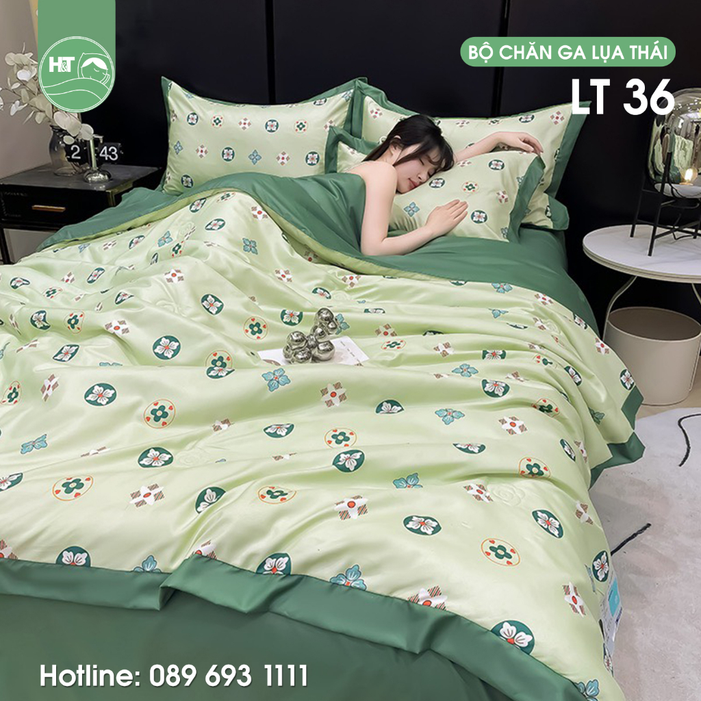 Bộ chăn ga gối lụa thái nhập khẩu cao cấp, Set chăn ga chất liệu lụa thái thoáng khí mềm mịn, cắt may ga theo yêu cầu