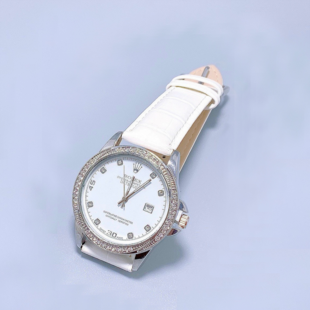 Đồng Hồ Nữ Rolex JAPAN WATCH Dây Da Cao Cấp Thiết Kế Viền Đính Đá Sang Trọng Size 38mm