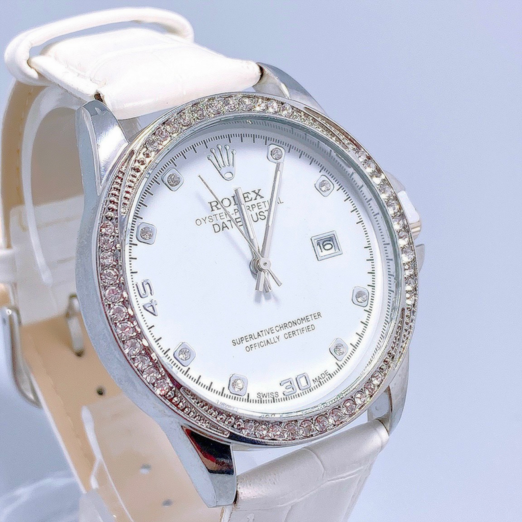 Đồng Hồ Nữ Rolex JAPAN WATCH Dây Da Cao Cấp Thiết Kế Viền Đính Đá Sang Trọng Size 38mm