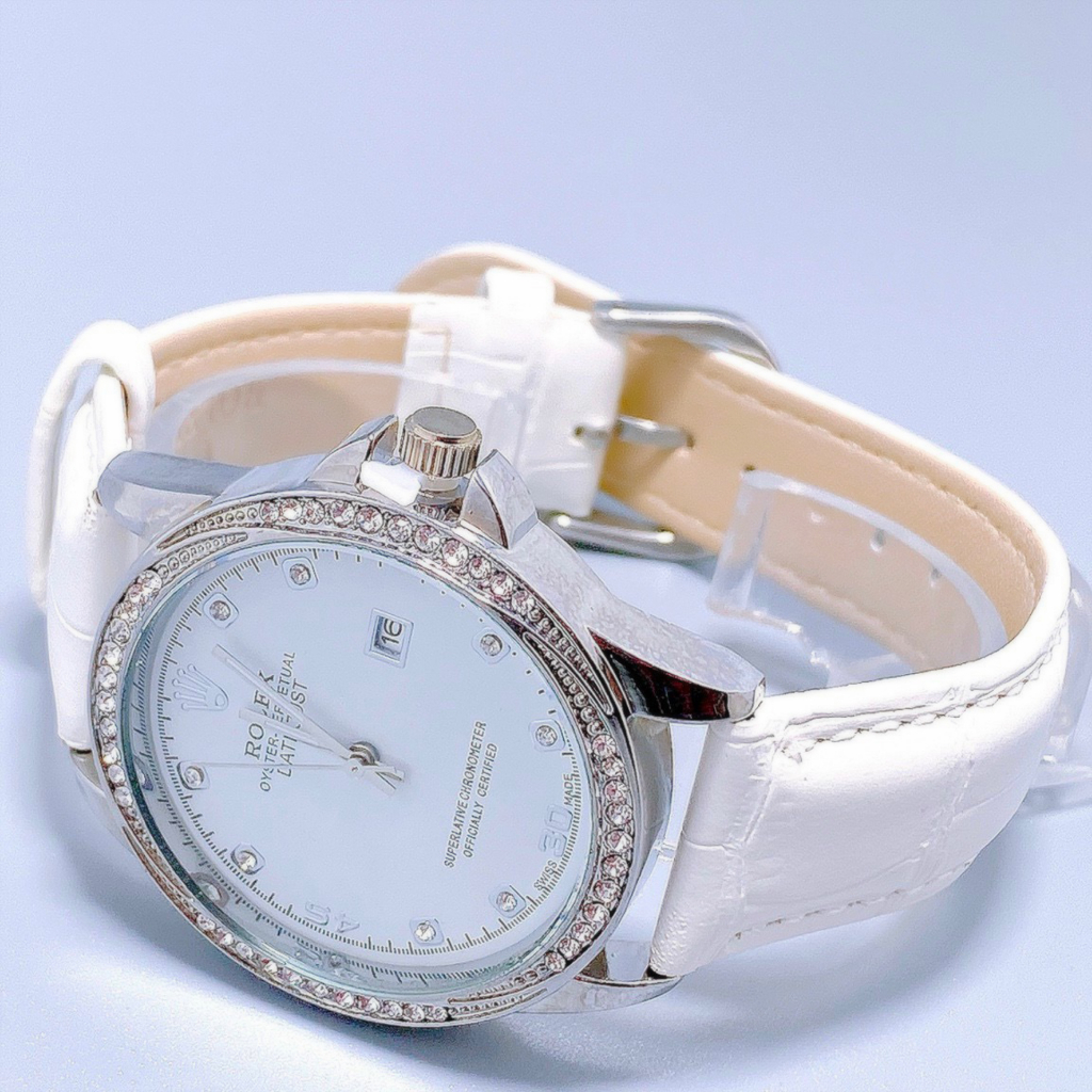 Đồng Hồ Nữ Rolex JAPAN WATCH Dây Da Cao Cấp Thiết Kế Viền Đính Đá Sang Trọng Size 38mm