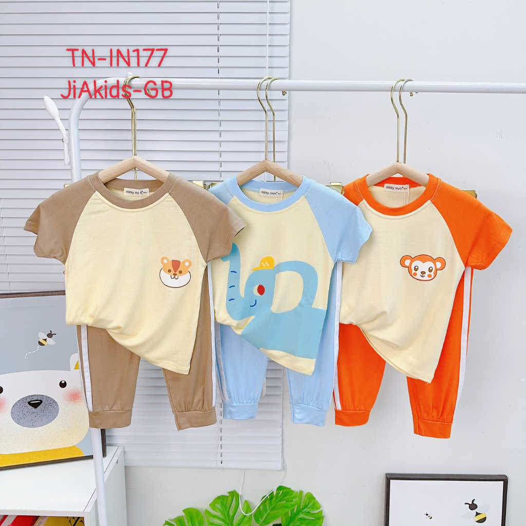 Bộ Cộc Tay Quần Dài THUN LẠNH MINKY MOM In Hình Động Vật Dễ Thương Áo Giáp Lăng Vàng Lợt Cho Bé TN-IN177