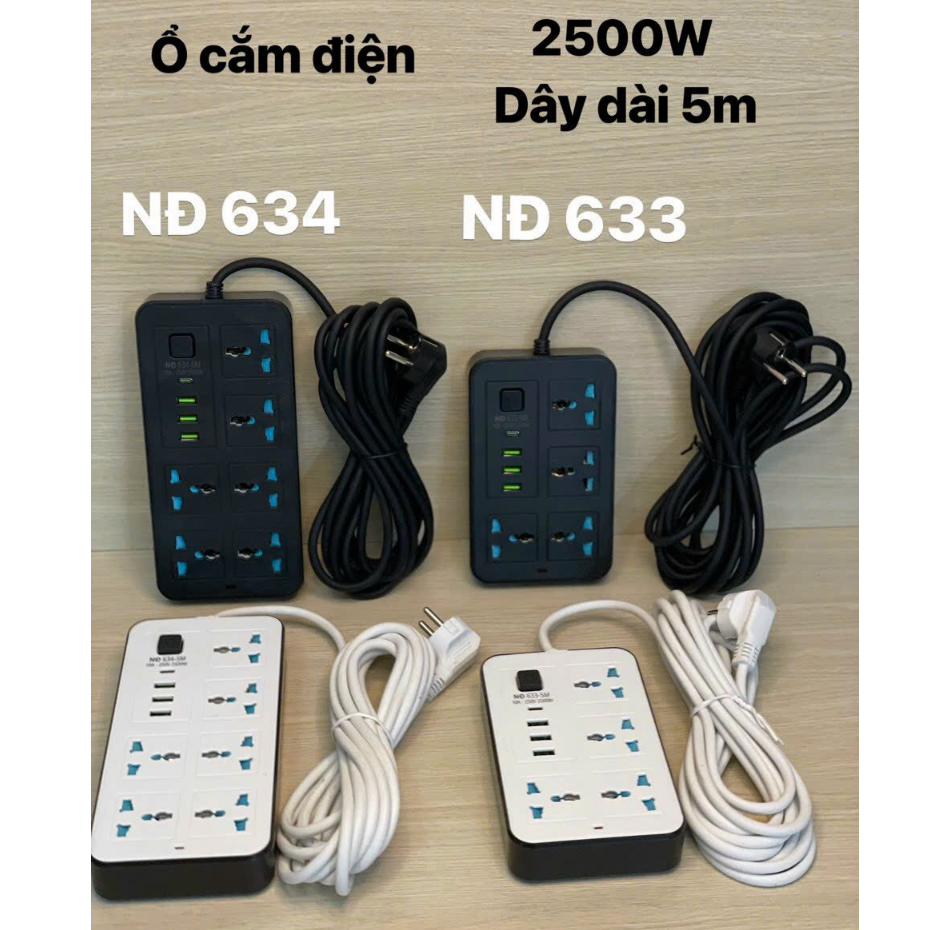 Ổ Cắm Điện Thông Minh Đa Năng USB CAO CẤP - Ổ Điện Đa Năng Dây Dài 5M, Tải 2500W, Có Màng Che.