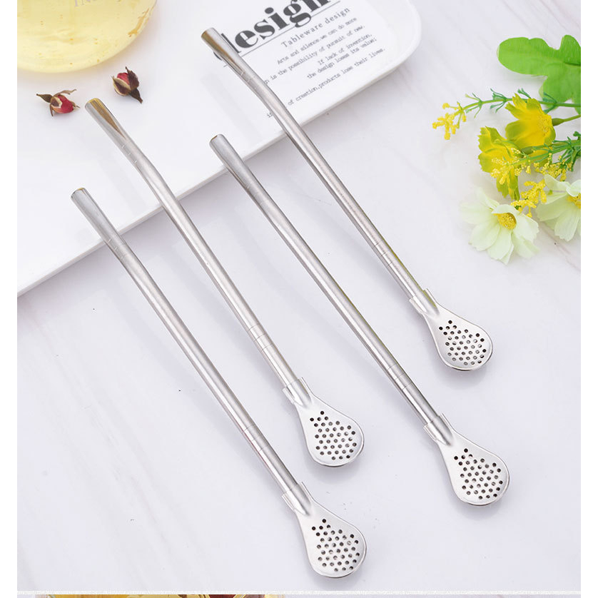 Muỗng Thìa Kiêm Ống Hút 2 Trong 1 Inox 304 Thép Không Gỉ, Bộ Ống Hút Kèm Thìa Lọc Trà 88411