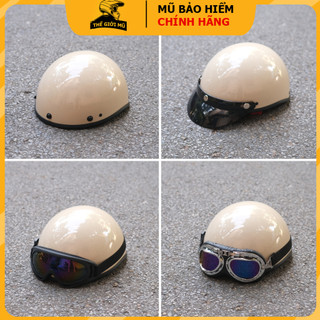 Mũ bảo hiểm nửa đầu màu sữa kèm kính uv,phi công,nón bảo hiểm 1/2 màu kem cho nam nữ,free size,hàng chính hãng