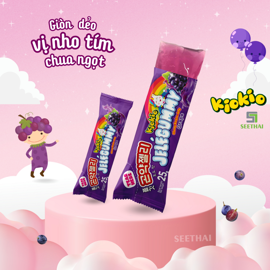 Thạch Jele trái cây KIOKIO Indonesia thạch dâu thạch vải thạch nho - hộp đỏ 24 gói ăn vặt