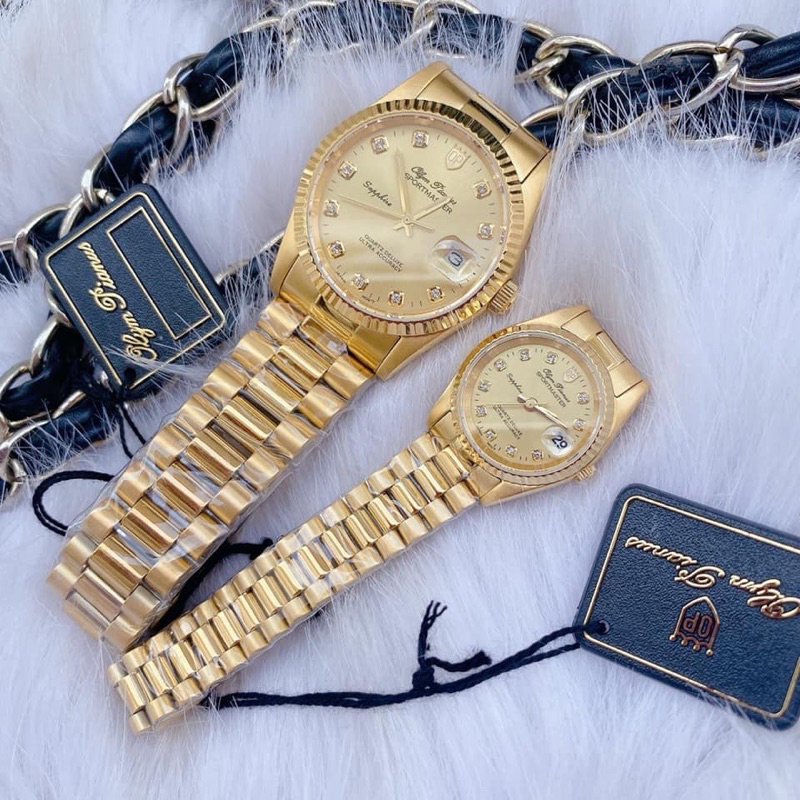 Đồng hồ đôi nam nữ dây kim loại Olym Pianus OP89322 MK / OP68322 LK mặt vàng