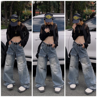 Quần jean XANH RETRO 2 TÚI PHỐI RÁCH XƯỚC form to dành cho Nam và nữ, ống 26cm có độ thụng cực chất, eo từ 60cm đến 82cm