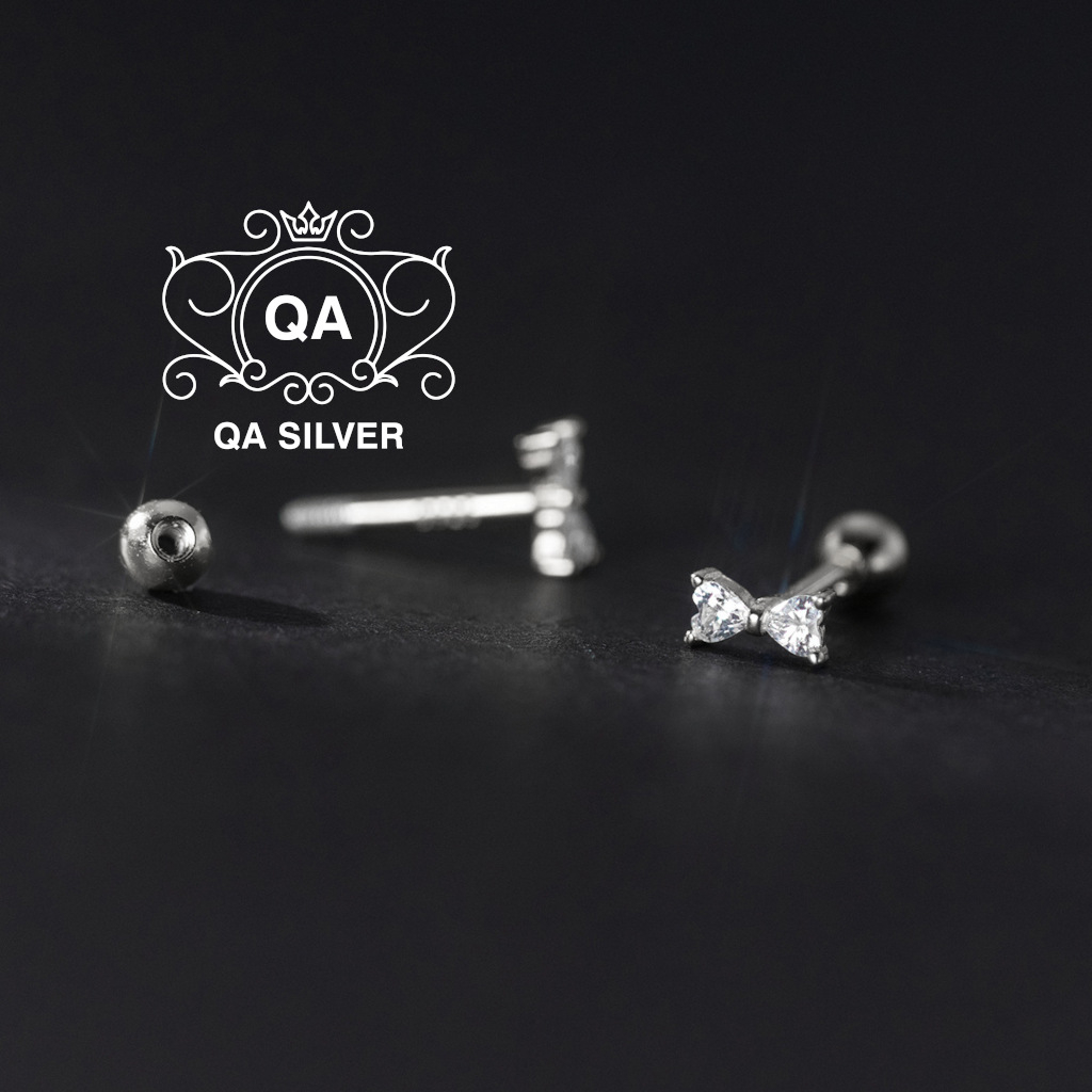 Khuyên tai bạc 925 nơ đá chốt bi vặn bông nam nữ tối giản S925 BOW QA SILVER Earrings EA230801