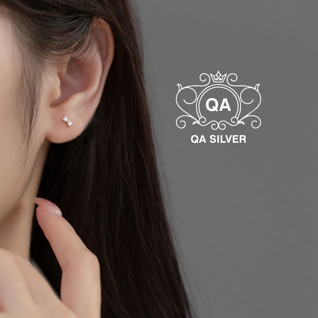 Khuyên tai bạc 925 nơ đá chốt bi vặn bông nam nữ tối giản S925 BOW QA SILVER Earrings EA230801