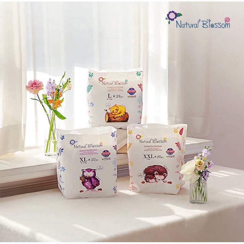 Tã/Bỉm NATURAL BLOSSOM HÀN QUỐC thuần chay dành cho các bé da nhạy cảm NB30/S30/M26/L24/XL22/2XL20/3XL18