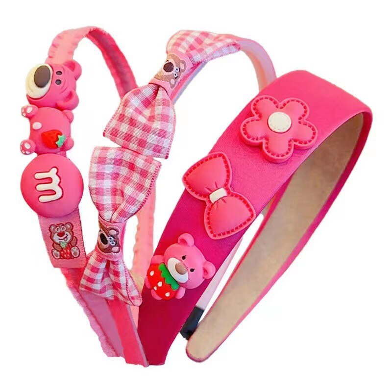 Set 3 Băng đô cài tóc/bờm tóc cho bé hoạt hình gấu dâu Lotso bọc vải caro phong cách Hàn Quốc xinh xắn