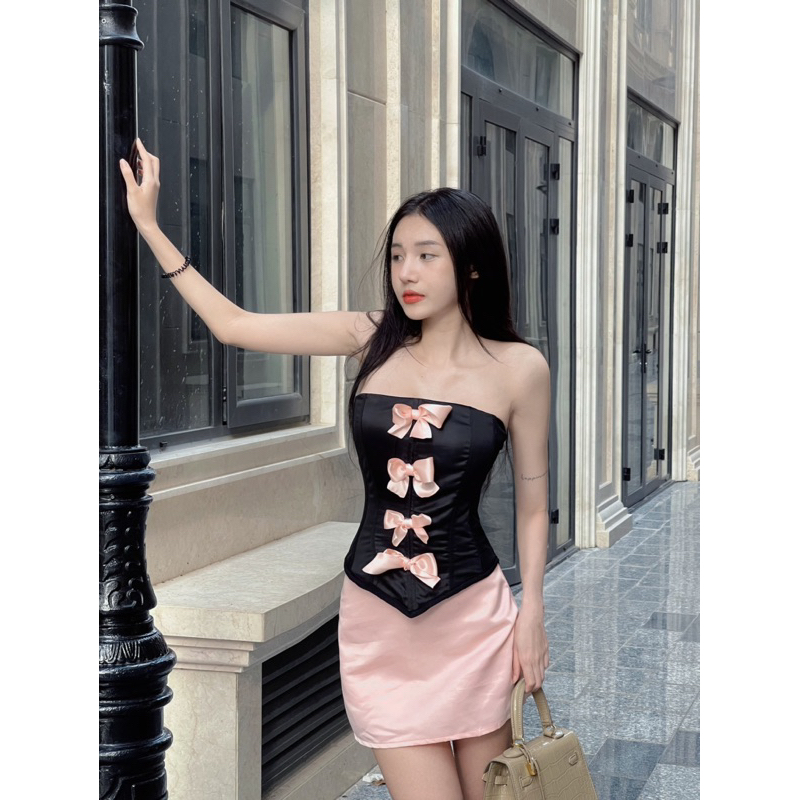 Set váy áo cúp ngực corset + chân váy đan lưng xiếc eo