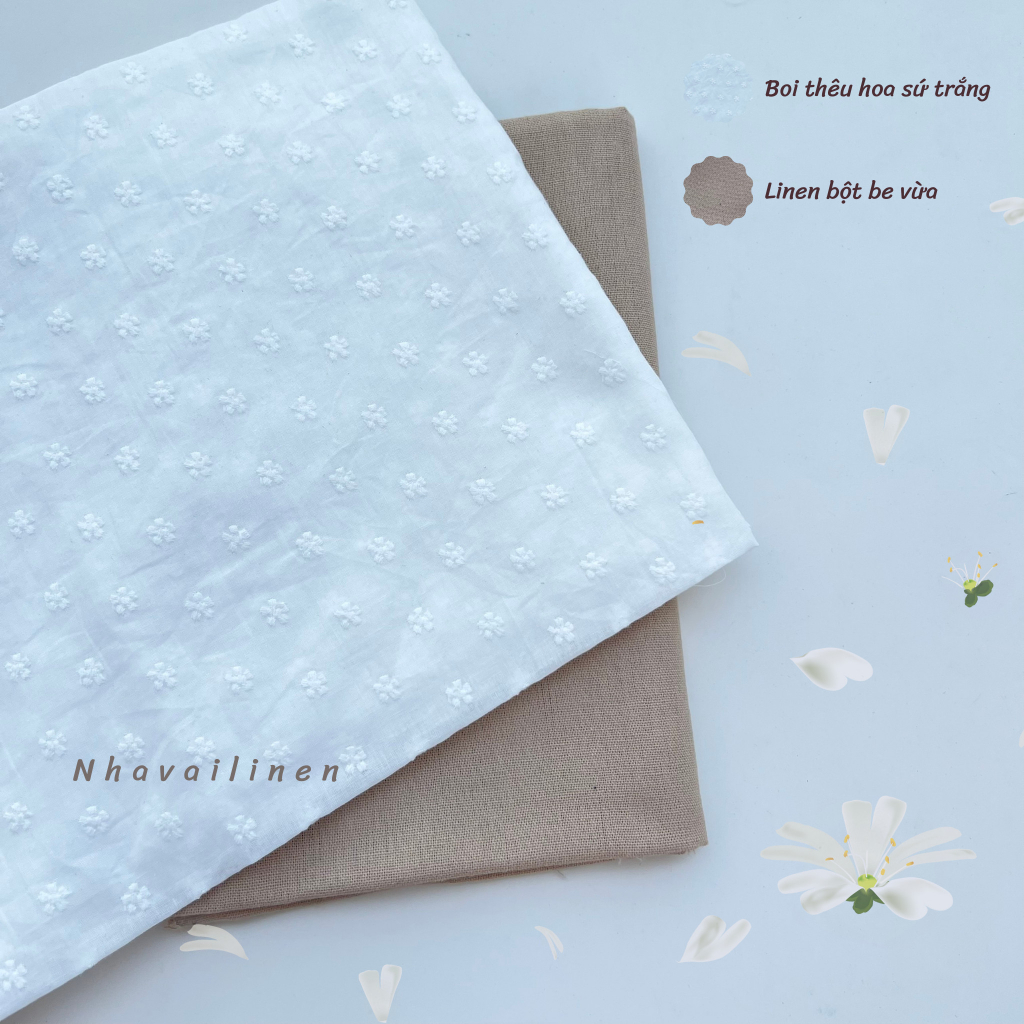 Vải Boi Thêu Hoạ Tiết Hoa Sứ Trắng Êm Ái, Mỏng Nhẹ, Sang Trọng - Nhà Vải Linen