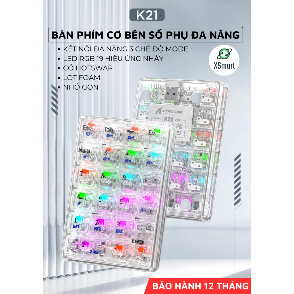 Bàn Phím Số Không Dây Bluetooth 5.0 Attack Shark K21 Phím Cơ LED RGB Hotswap 5 Pin Cho Kế Toán Game Thủ | BigBuy360 - bigbuy360.vn