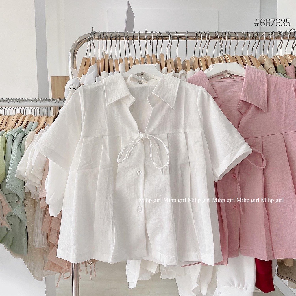 Áo Kiểu Cổ Sơ Mi Thắt Nơ Vạt Xếp Ly, Áo Kiểu Baby Doll