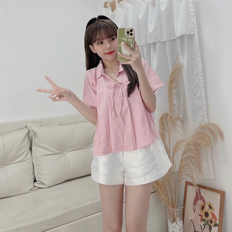 Áo Kiểu Cổ Sơ Mi Thắt Nơ Vạt Xếp Ly, Áo Kiểu Baby Doll